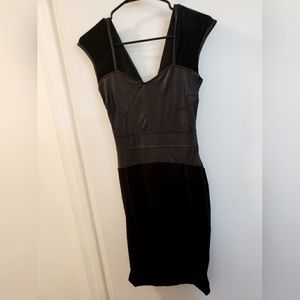 Bebe Kardashians black bodycon dress faux leather & velvet w/ corset tie back S